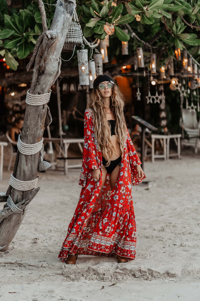 Boho Red Wrap Dress Bohemian Kimono Dress Holiday Resort Etsy