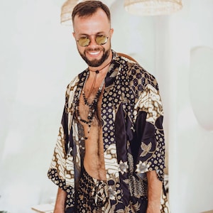 Boho Black & Ivory Short Silky Kimono Robe ~ Elegant Pajama or Lounge Wrap ~ Gift Idea for Him ~ Handmade Loungewear ~ Burning Man Clothes