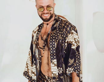Boho Black & Ivory Short Silk Kimono Robe for Men ~ Handmade Bali Pajama Wrap ~ Elegant Spa or Lounge Outfit ~ Boyfriend Birthday Gift
