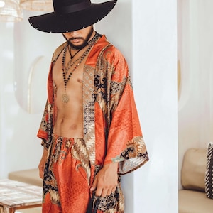 Boho Red Short Silky Kimono Robe ~ Elegant Spa or Loungewear ~ Silky Pajama Robe ~ Special Gift for Him ~ Festival Clothes for Burning Man