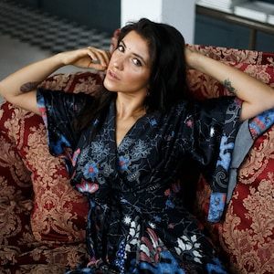 Boho Black & Blue Silky Kimono Robe for Women ~ Elegant Spa Loungerobe ~ Handmade Balinese Kimono ~ Gift for Her ~ Festival Burning Man Wear