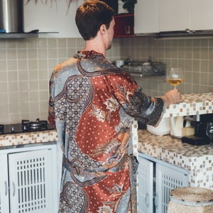 Bohemian mens silk kimono Grey & Brown silk kimono robe for man Silk Pajama Robe for men Bath robe Perfect Christmas gift for him image 4