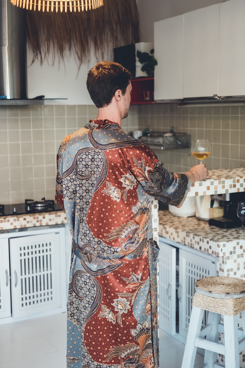 Bohemian mens silk kimono Grey & Brown silk kimono robe for man Silk Pajama Robe for men Bath robe Perfect Christmas gift for him image 4