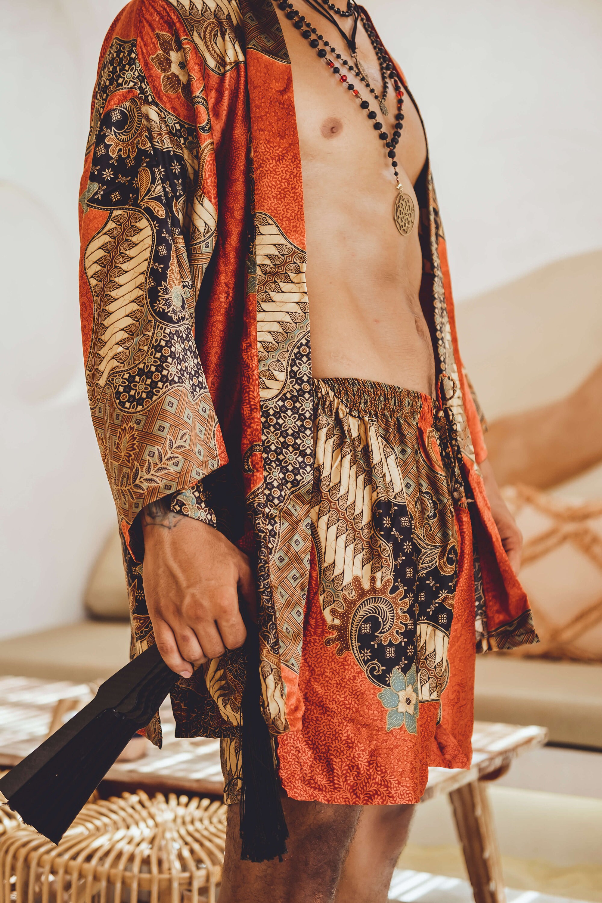 Boho Red Short Silk Kimono Robe for Men ~ Handmade Bali Lounge Wrap ...