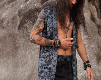 Boho Moon Sleeveless Silk Kimono Robe for Men ~ Dressing Gown ~ Elegant Loungewear ~ Boyfriend Birthday Gift