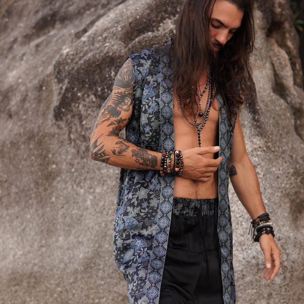 Boho Moon Sleeveless Silk Kimono Robe for Men ~ Shiva Collection ~ Elegant Lounge Robe ~ Handmade from Bali ~ Valentine's Gift Idea for Him