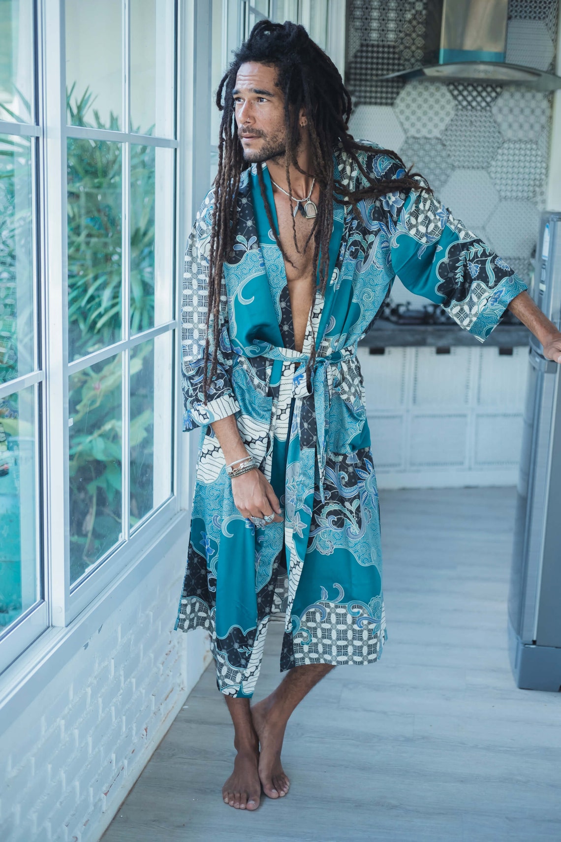 Bohemian mens silk kimono Turquoise silk kimono robe for man Etsy