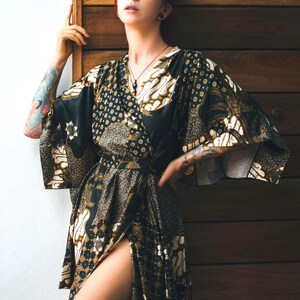 Boho Black & Ivory Silk Kimono Robe for Women ~ Elegant Lounge Outfit ~ Satin Wrap ~ Perfect Anniversary gift image 2