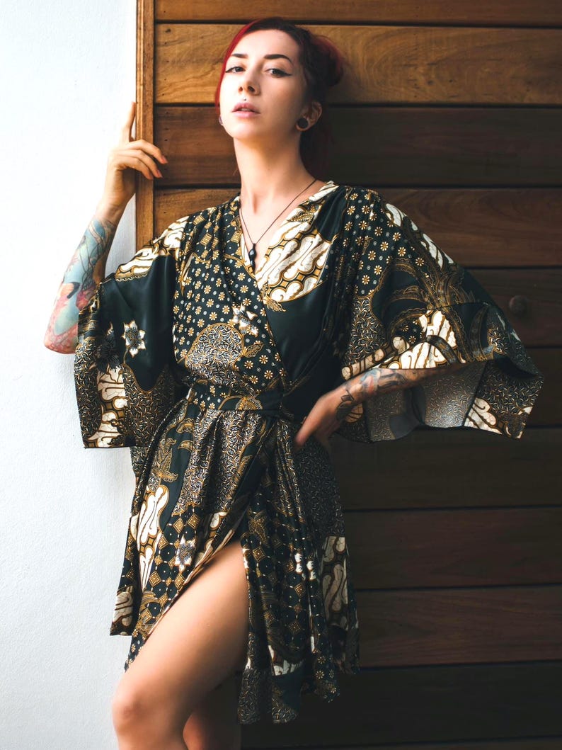 Boho Black & Ivory Silk Kimono Robe for Women ~ Elegant Lounge Outfit ~ Satin Wrap ~ Perfect Anniversary gift image 2