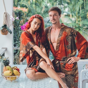 Boho Matching Red Silky Kimono Set for Couples ~ Handmade Bali Robe Set ~ Elegant Bohemian Loungewear ~ Burning Man Festival Couple Outfit
