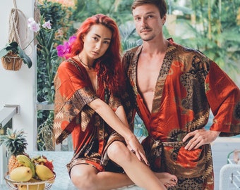 Boho Matching Red Silk Kimono Set for Couples ~ Silk dressing gown  ~ Elegant Bohemian Loungewear ~ Anniversary gift
