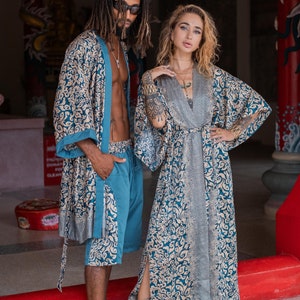 Boho set of 2 silk kimonos for couples Pajamas set for men and woman Silk bath robes set Perfect Christmas gift for him and her Men Shiva Ice