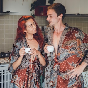 Boho Matching Grey & Brown Silky Kimono Set for Couples ~ Handmade Bali Robe Set ~ Elegant Bohemian Loungewear ~ Burning Man Festival Outfit