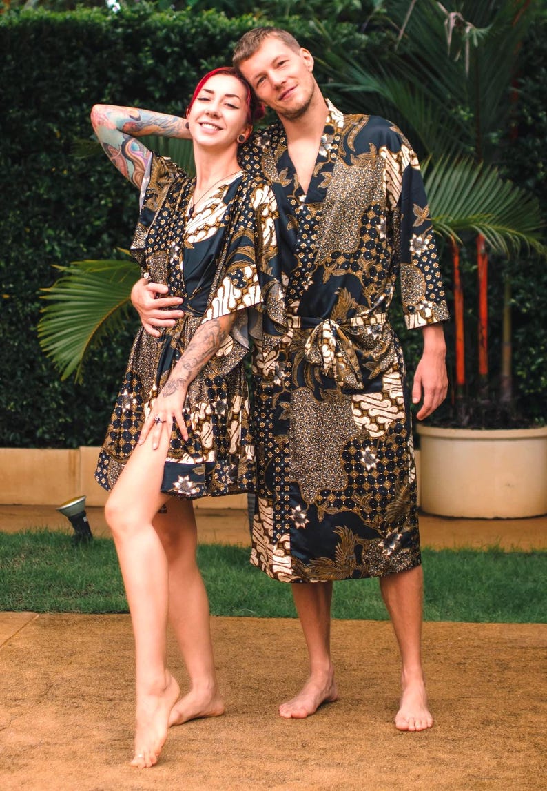 Boho Black & Ivory Silk Kimono Robe for Women ~ Elegant Lounge Outfit ~ Satin Wrap ~ Perfect Anniversary gift image 5