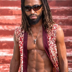 Boho Fire Red Sleeveless Silky Kimono Robe for Men ~ Shiva Collection ~  Elegant Lounge or Spa Robe ~ Gift for Him ~ Burning Man Clothes