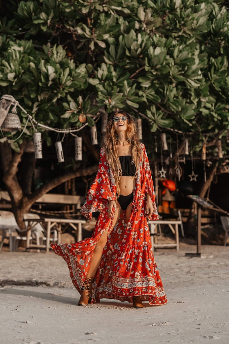 Boho Red Wrap Dress Bohemian Kimono Dress Holiday Resort Etsy