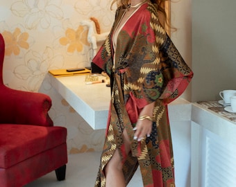 Long Red & Black Silk Kimono ~ Boho Silk Kimono Robe for Woman ~ Silk female Pajama Robe ~ Bath silk robe ~ Perfect Birthday present