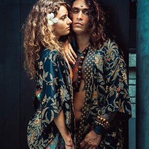 Boho Matching Silky Kimono Set for Couples ~ Handmade Bali Robe Set ~ Elegant Bohemian Lounge or Pajama Wear ~ Burning Man Couple Outfit