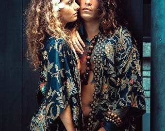 Boho Black & Gold Silky Kimono Robe for Men ~ Elegant Pajama or Lounge Robe ~ Gift Idea for Him ~ Festival Clothes for Burning Man