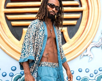 Kimono longo de seda azul gelo estilo boho para homens ~ Roupão ~ Roupa de dormir ~ Conjunto de pijama de seda ~ Presente de aniversário para namorado