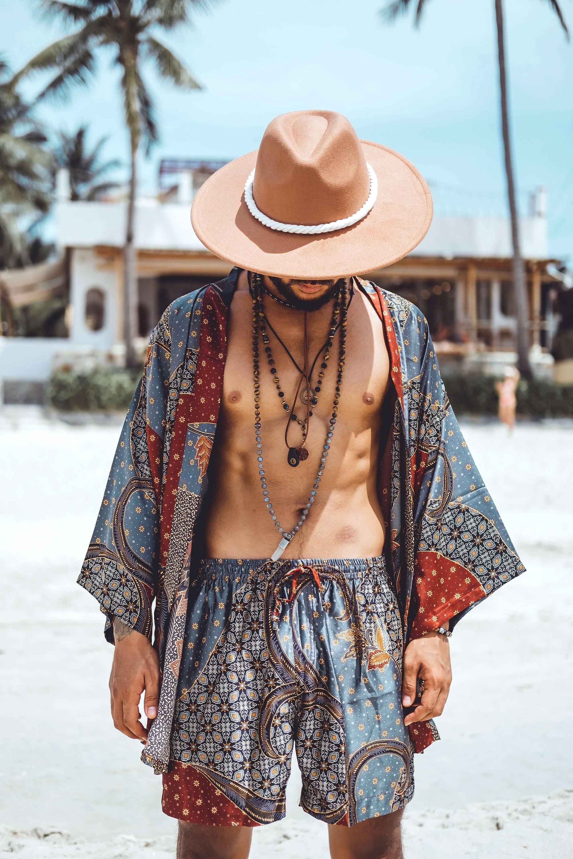 Boho Grey & Brown Short Silky Kimono ~ Elegant Spa or Loungewear ~ Silky Pajama Robe ~ Gift for Him ~ Festival Clothes for Burning Man