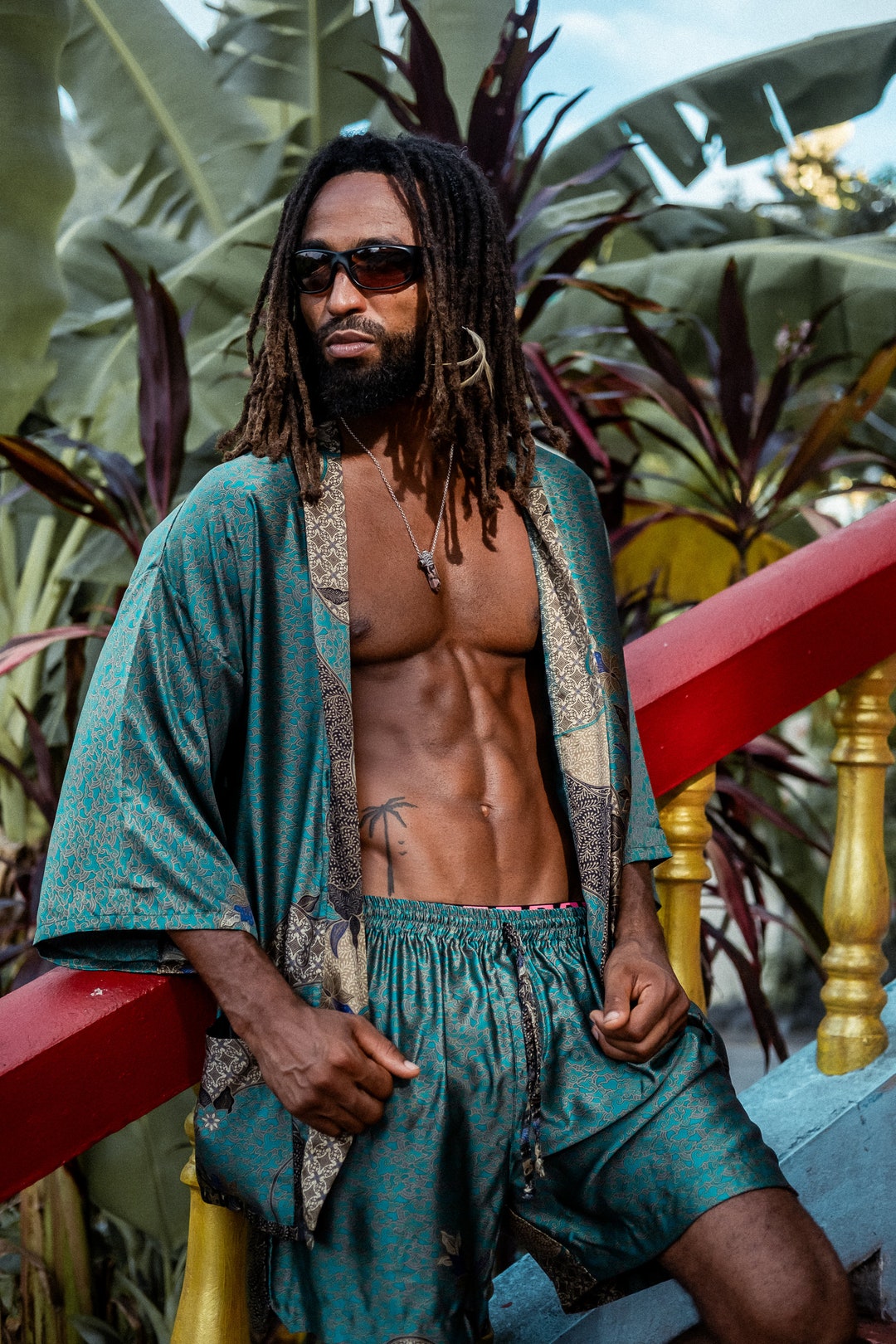 Green&black Short Silk Kimono Boxers Silk Jacket Robe for Man Silk