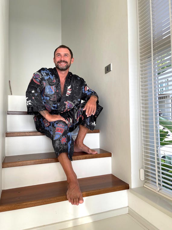 Boho Black & Blue Silk Kimono Robe for Men ~ Silk Dressing Gown ~ Bath Robe or Pajama Set ~ Perfect Anniversary gift