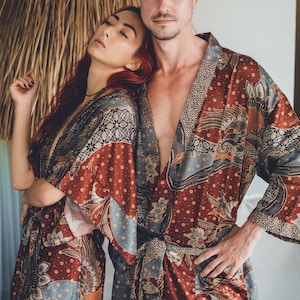 Boho set of 2 silk kimonos for couples Pajamas set for men and woman Silk bath robes set Perfect Christmas gift for him and her Men Grey&Brown