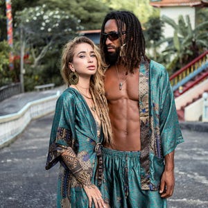 Boho Matching Green & Black Silky Kimono Set for Couples ~ Handmade Satin Wraps ~ Elegant Matching Spa Loungewear ~ Perfect Anniversary Gift