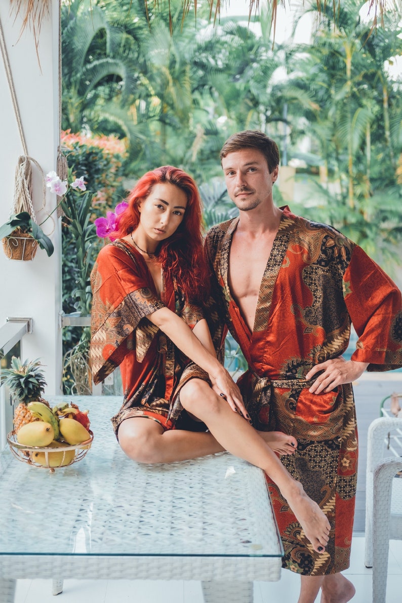 Boho set of 2 silk kimonos for couples Pajamas set for men and woman Silk bath robes set Perfect Christmas gift for him and her Men Red