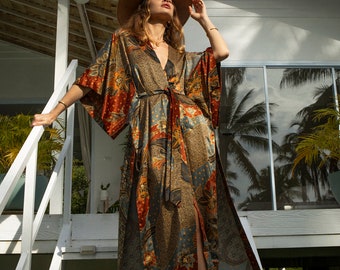 Long Gray & Brown Silk Kimono ~ Boho Silk Kimono Robe for Woman ~ Silk female Pajama Robe ~ Bath silk robe ~ Perfect Birthday present