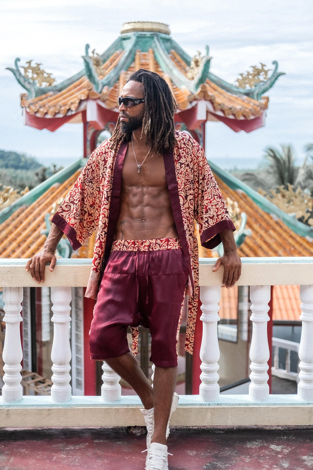 Boho Fire Red Long Silk Kimono Robe for Him ~ Shiva Collection ...