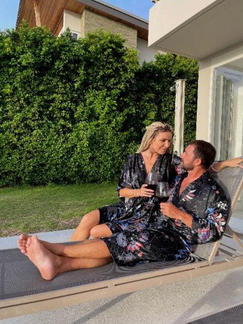 Boho czarno-niebieski jedwabny szlafrok kimono dla mężczyzn ~ Jedwabny szlafrok ~ Szlafrok kąpielowy lub komplet piżamowy ~ Strój Burning Man zdjęcie 7