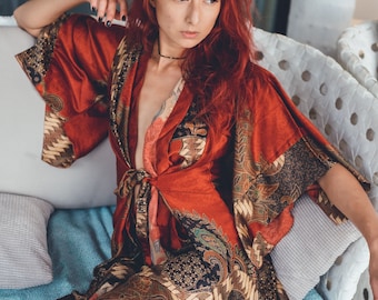 Boho Red Silk Kimono for Women ~ Dressing Gown Women ~ Silk Robe ~ lounge And Sleepwear ~ Perfect Gift for Her