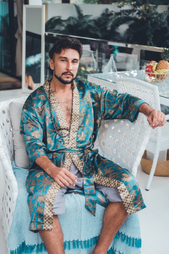 Bohemian Mens Silk Kimono Green & Gold Silk Kimono Robe for Man