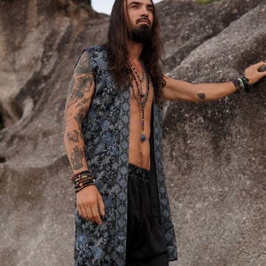 Ärmelloser Herren-Seidenkimono ~ Shiva Moon Seidenkimono für Männer ~ Seidenpyjama-Robe für Männer ~ Langer Party-Kimono ~ Perfektes Valentinstagsgeschenk