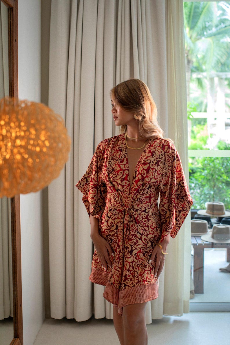 Boho Matching Fire Red Silk Kimono Set for Couple ~ Shiva & Shakti Collection ~ Handmade Bali Lounge Robe Set ~ Anniversary Gift image 9