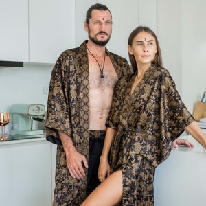 Boho set of 2 silk kimonos for couples Pajamas set for men and woman Silk bath robes set Perfect Christmas gift for him and her Men Shiva Sun