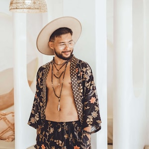 Boho Short Silk Kimono Robe for Men ~ Silk Pajama Set ~ Elegant Loungewear ~ Men Dressing Gown ~ Boyfriend Birthday Gift Black & Gold