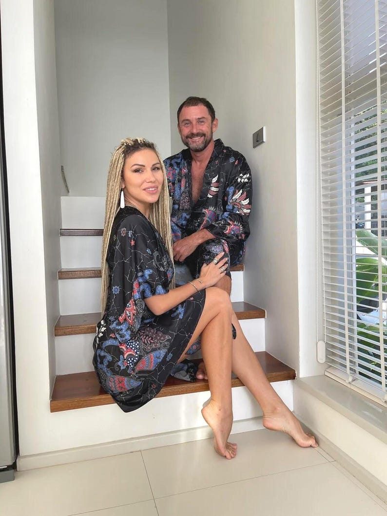Boho czarno-niebieski jedwabny szlafrok kimono dla mężczyzn ~ Jedwabny szlafrok ~ Szlafrok kąpielowy lub komplet piżamowy ~ Strój Burning Man zdjęcie 5