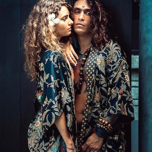 Boho Matching Black & Gold Silk Kimono Set for Couple ~ Handmade Bali Loungewear ~ Elegant Spa or Lounge Robes Set ~ Valentine's Gift Idea