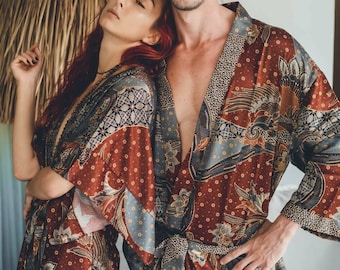 Boho Matching Grey & Brown Silk Kimono Set for Couples ~ Loungewear and Pajama Set ~Couple Outfit ~ Anniversary Gift