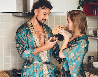 Boho Matching Green & Gold Silk Kimono Set for Couple ~ Handmade Bali Robes Set ~ Elegant Loungewear ~ Anniversary gift
