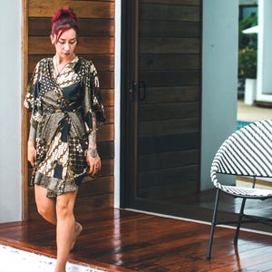 Boho Black & Ivory Silk Kimono Robe for Women ~ Elegant Lounge Outfit ~ Satin Wrap ~ Perfect Anniversary gift image 4