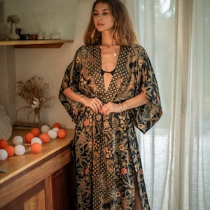 Boho Black & Gold Long Silky Kimono Robe for Women ~ Shakti Collection ~ Lounge or Spa Wrap ~ Silky Pajama Robe ~ Luxury Gift Idea for Her