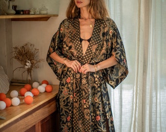 Long Black & Gold Silk Kimono ~ Boho Silk Kimono Robe for Woman ~ Silk female Pajama Robe ~ Bath silk robe ~ Perfect Birthday present