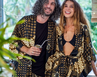 Boho Matching Black & Ivory Silk Kimono Set for Couple ~ Kimono Dressing Gown ~ Elegant Loungewear ~ Birthday Gift For Him