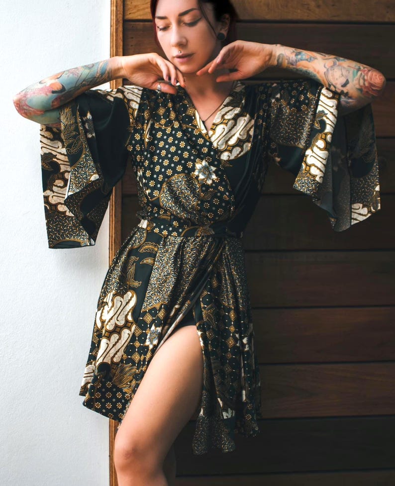 Boho Black & Ivory Silk Kimono Robe for Women ~ Elegant Lounge Outfit ~ Satin Wrap ~ Perfect Anniversary gift image 1