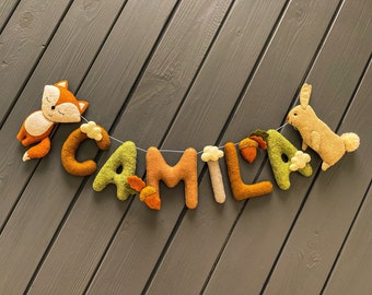 Woodland animal garland Felt name banner High chair banner Boy Girl felt letters Personalized woodland decor name Natural colors wall decor