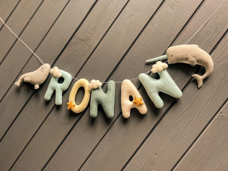 Arctic small felt name banner Ocean name garland Plush name wall Ocean decor name Nautical name banner Nautical baby name mobile Nursery image 10